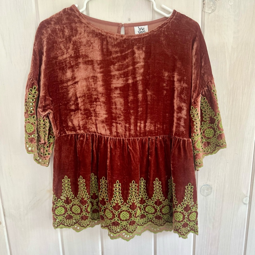 Ivy Jane - Velvet Blouse Peasant Top with Green Lace Accents. XS